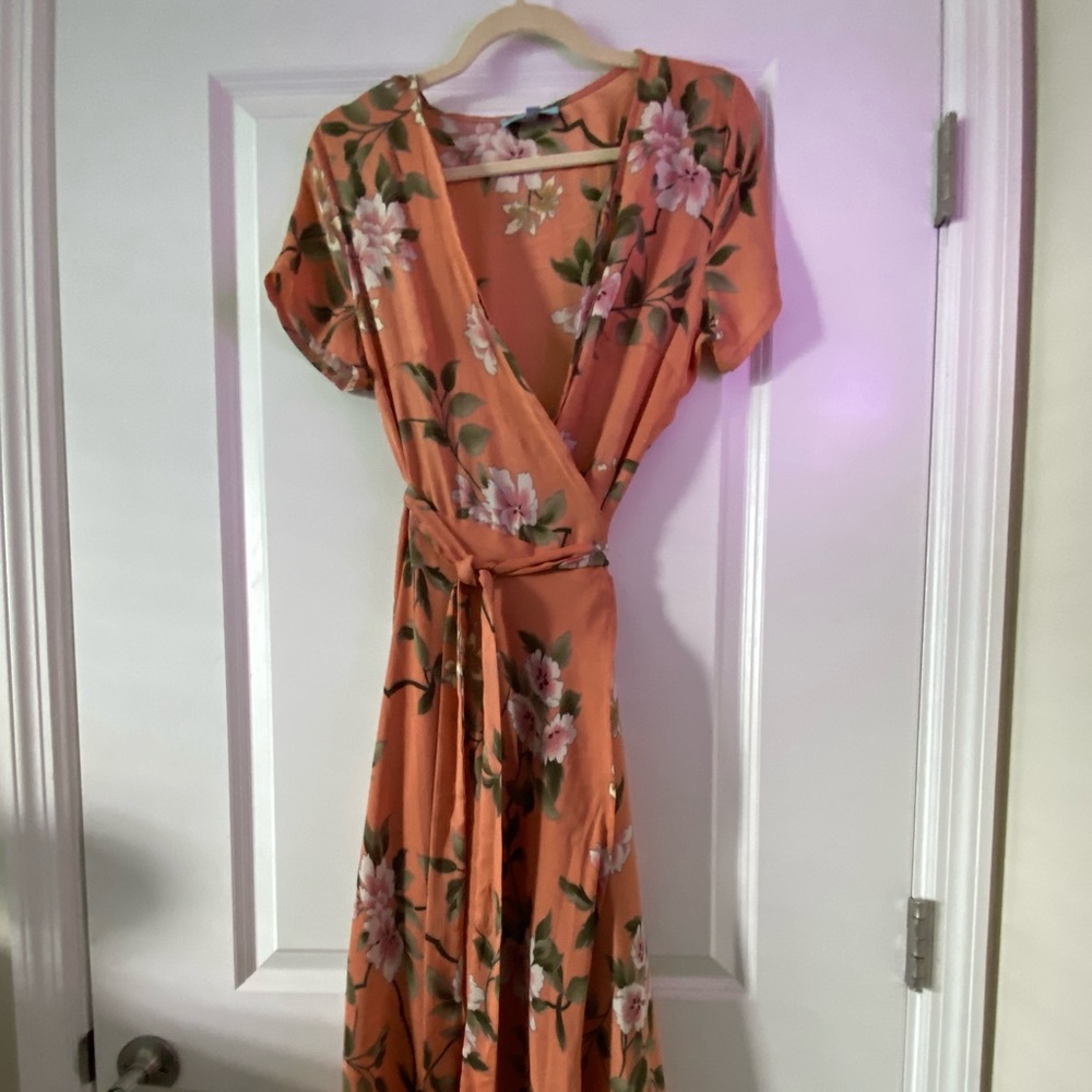 Peach Floral Maxi Wrap Dress Vneck